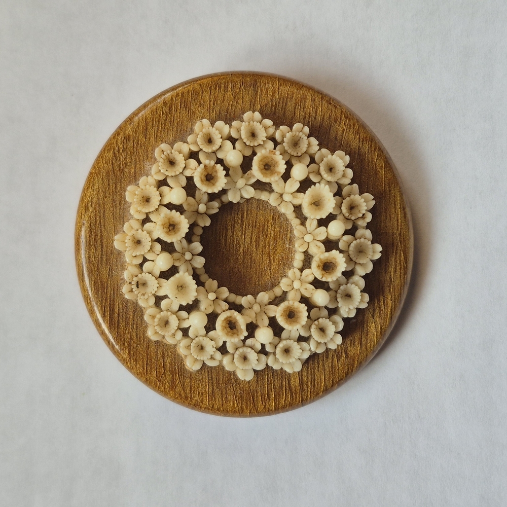 Vintage Carved Wood Floral Wreath Brooch